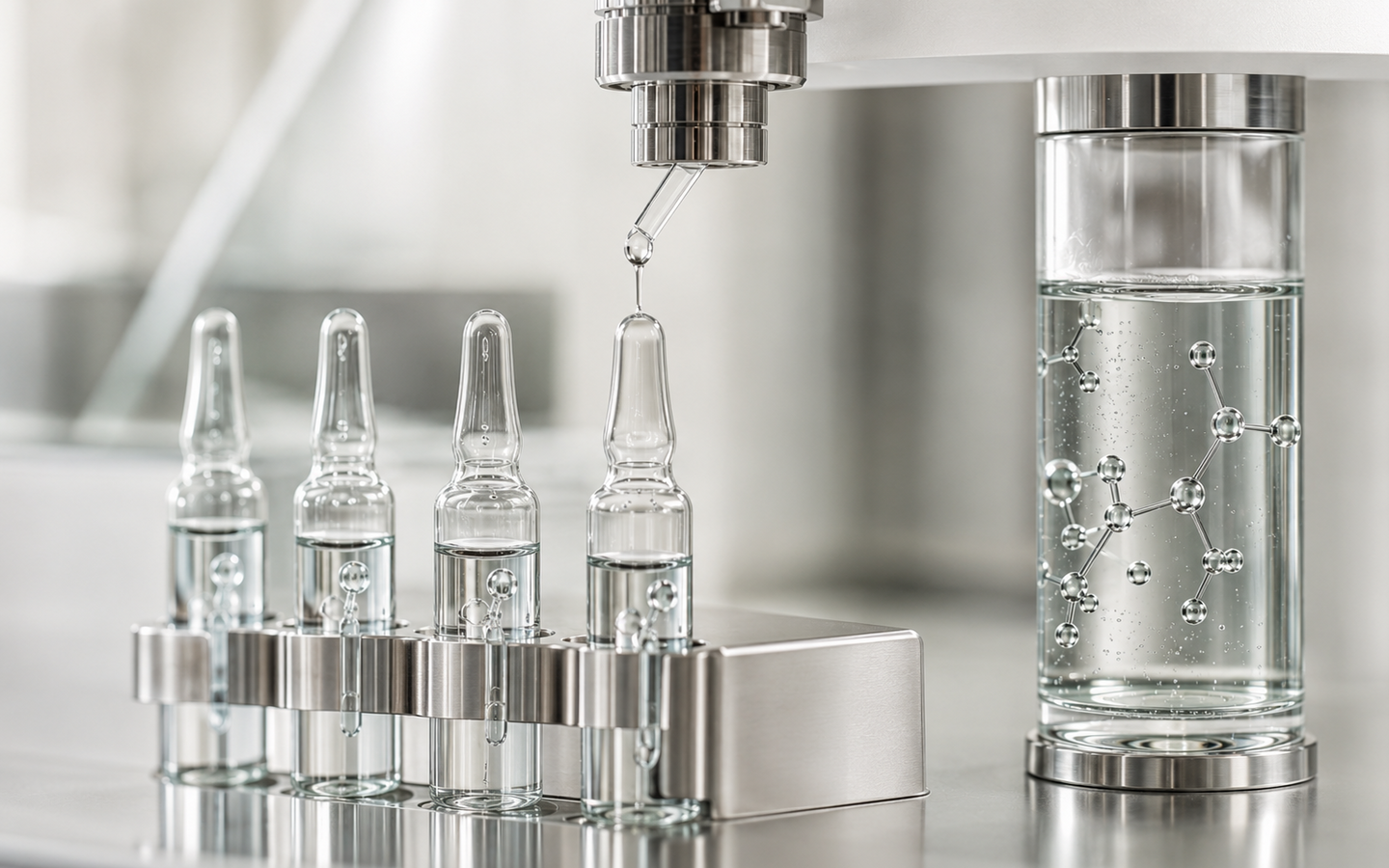 Precision filling of professional cosmetic ampoules in a controlled laboratory setting